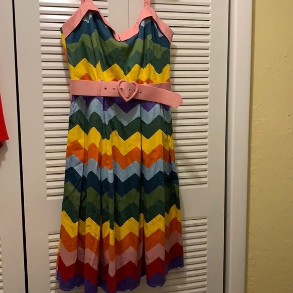 ModCloth Collectif M rainbow dress with pink belt, heart belt buckle, never worn - Picture 1 of 7